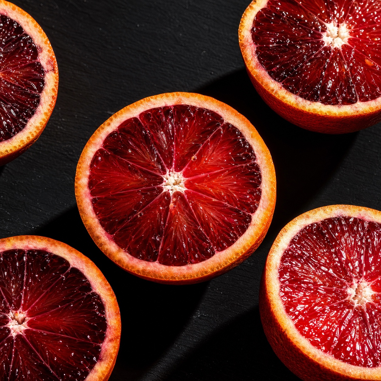 Halved blood oranges showing deep red flesh, macro flat-lay with hard side light