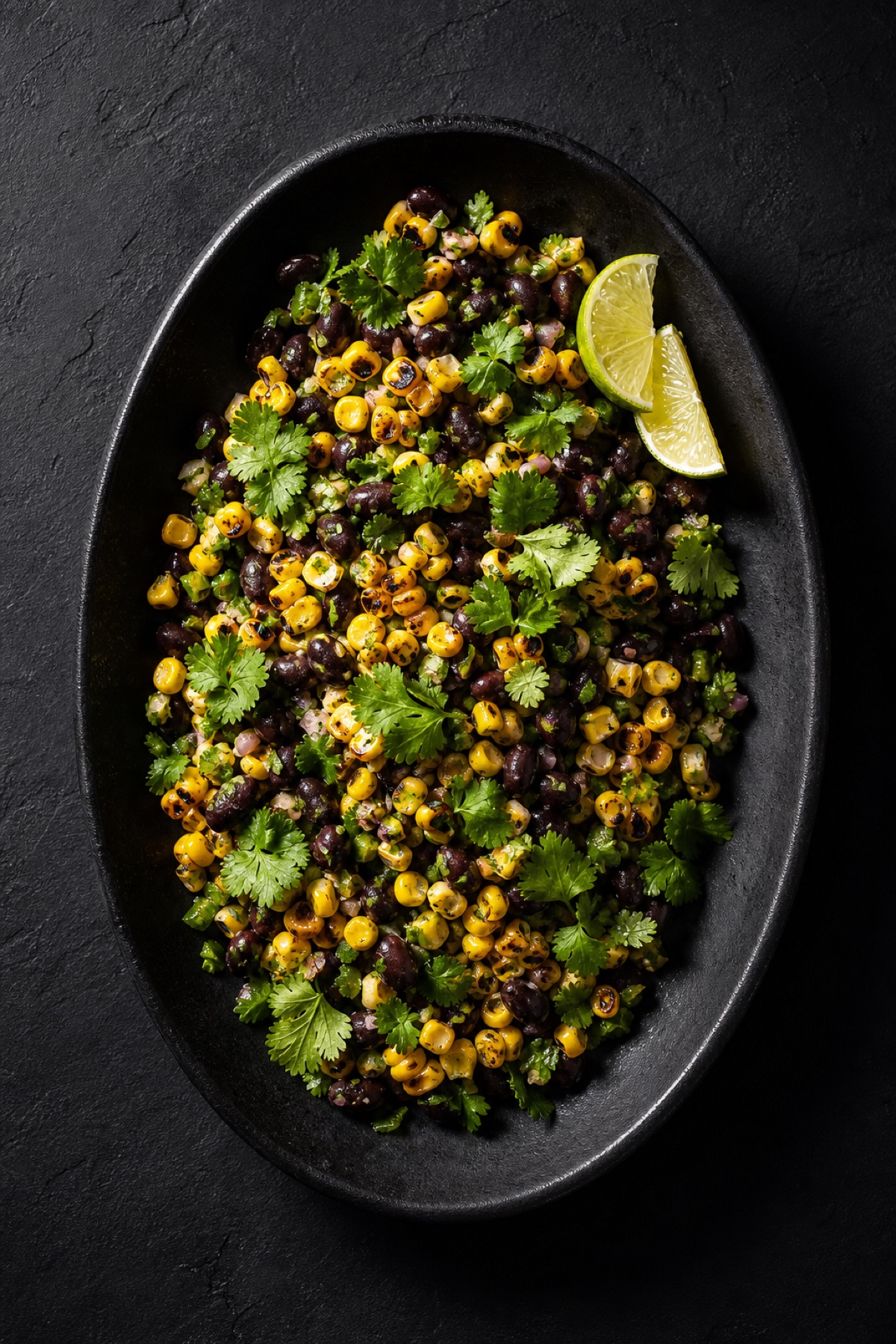 Chargrilled corn and black bean salad with lime and coriander, overhead flat-lay, vegan gluten-free
