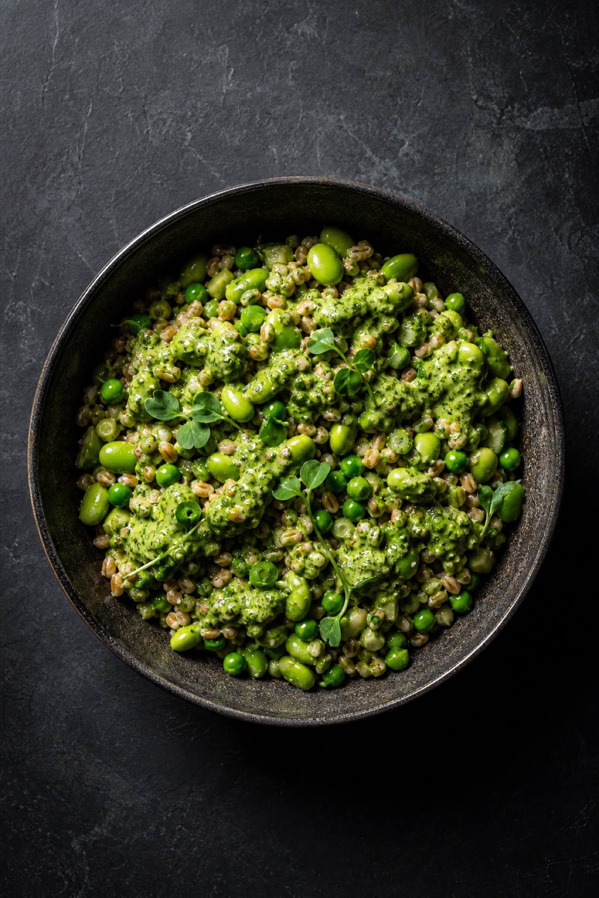 Green goddess grain bowl with peas, edamame, and herb dressing, overhead flat-lay, vegan high-protein