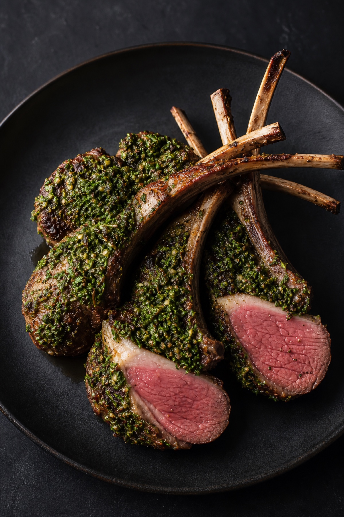 Herb-crusted lamb cutlets fanned on a dark plate, hard side light, high-protein gluten-free