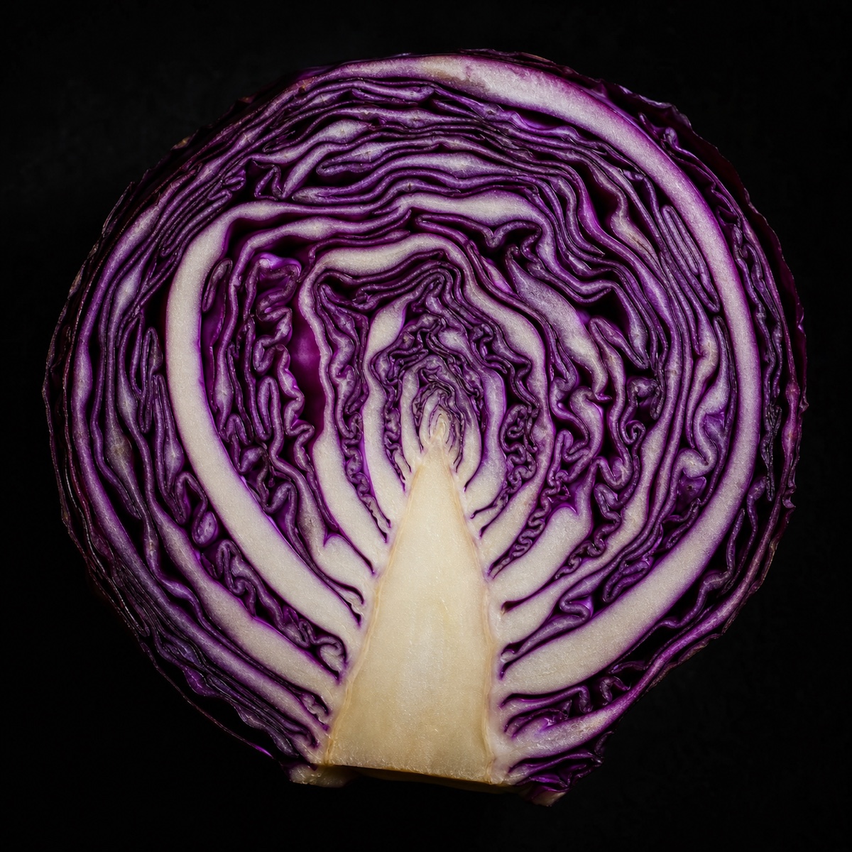 Half a purple cabbage showing the cut cross-section, macro flat-lay with hard side light