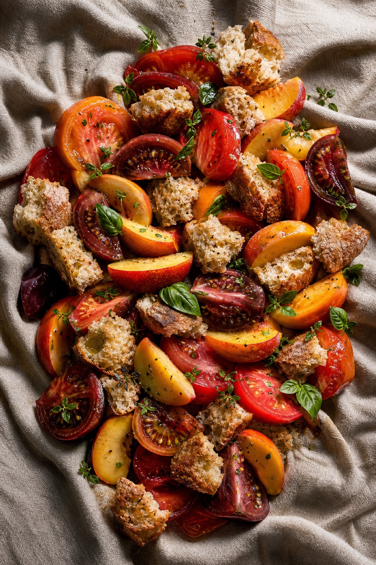 Heirloom tomato and nectarine panzanella with torn bread, overhead flat-lay on linen, vegetarian